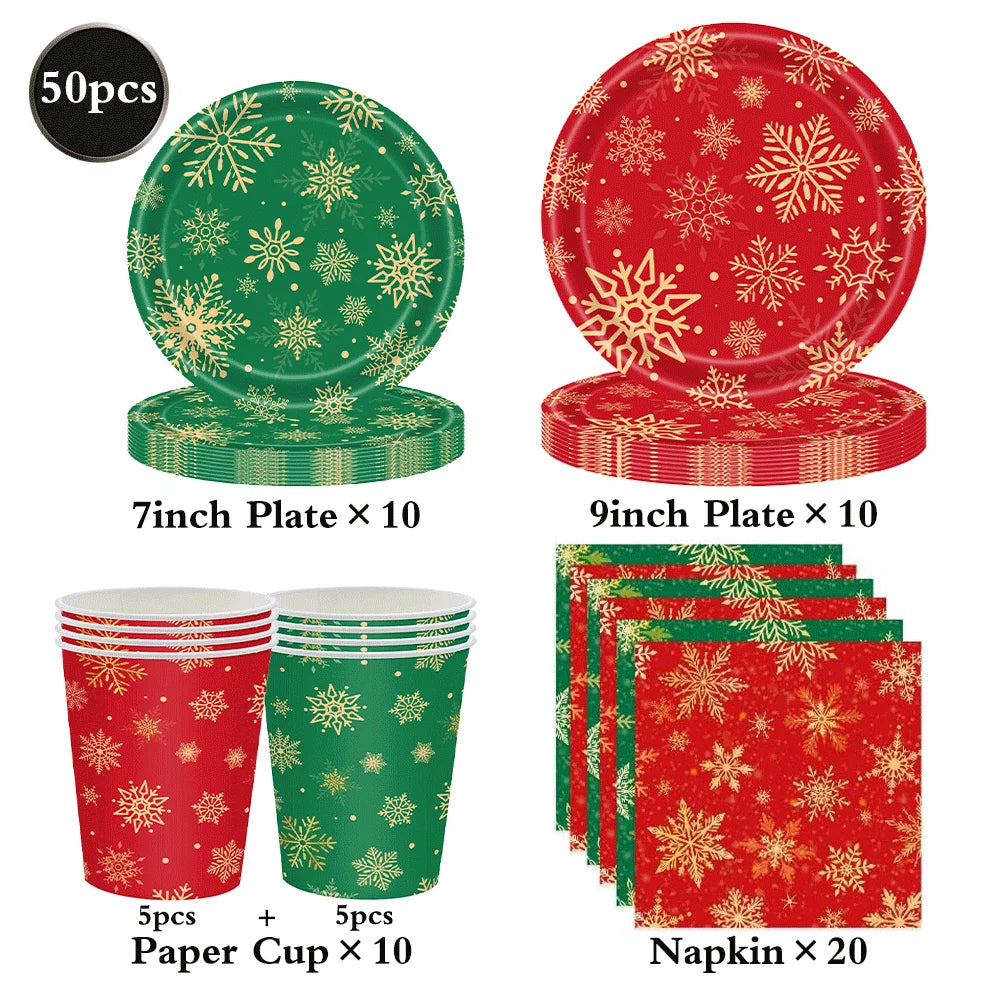 Christmas Disposable Tableware Set – Snowflake Plates, Cups & Napkins (Red & Green) 🎄❄️✨