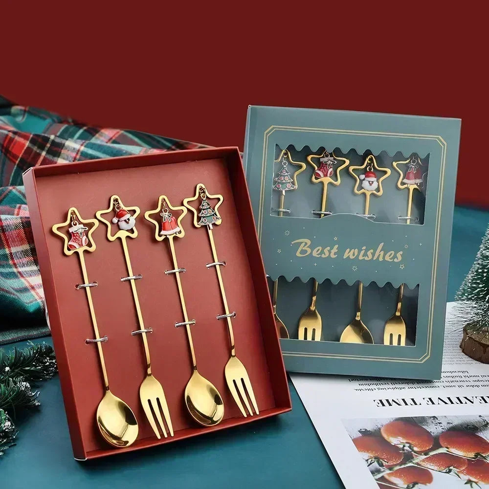 Christmas Spoon & Fork Set – 4PCS Stainless Steel Holiday Cutlery