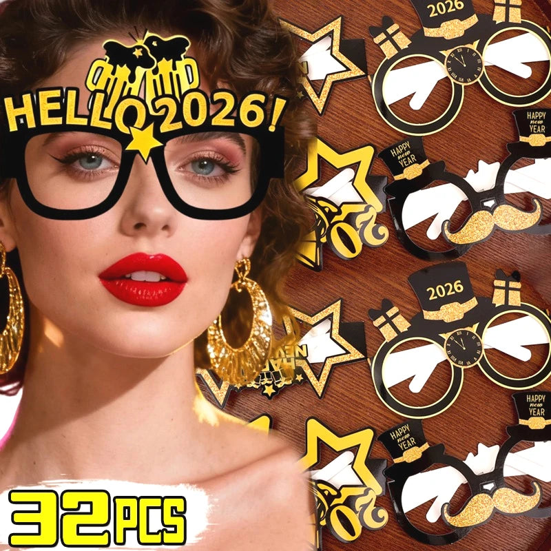 2026 New Year Party Glasses – Black & Gold Paper Eyewear (8/16/24/32 PCS) 🎉✨🥂
