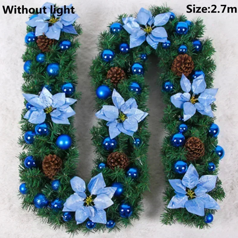 Christmas LED Garland 2.7M – Lighted Artificial Pine with Flowers and Ornaments