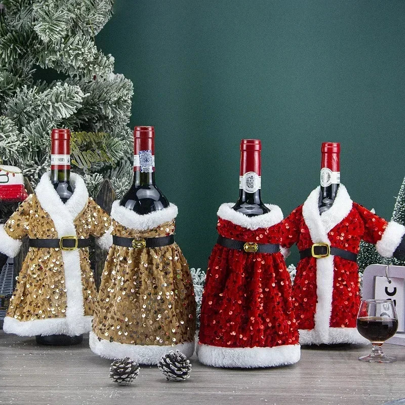 Sparkling Christmas Wine Bottle Covers – Red & Gold Dress Design (1/2/3/4 PCS) 🎄🍷✨