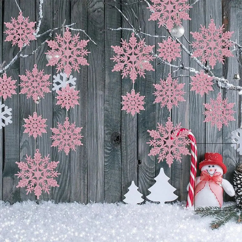 Glitter Snowflake Ornaments – Pink Christmas Tree Decorations (6/12/24 Pcs)