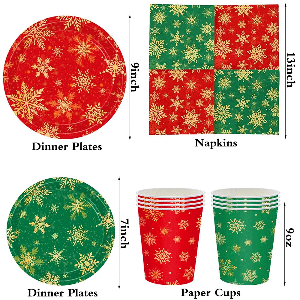 Christmas Disposable Tableware Set – Snowflake Plates, Cups & Napkins (Red & Green) 🎄❄️✨