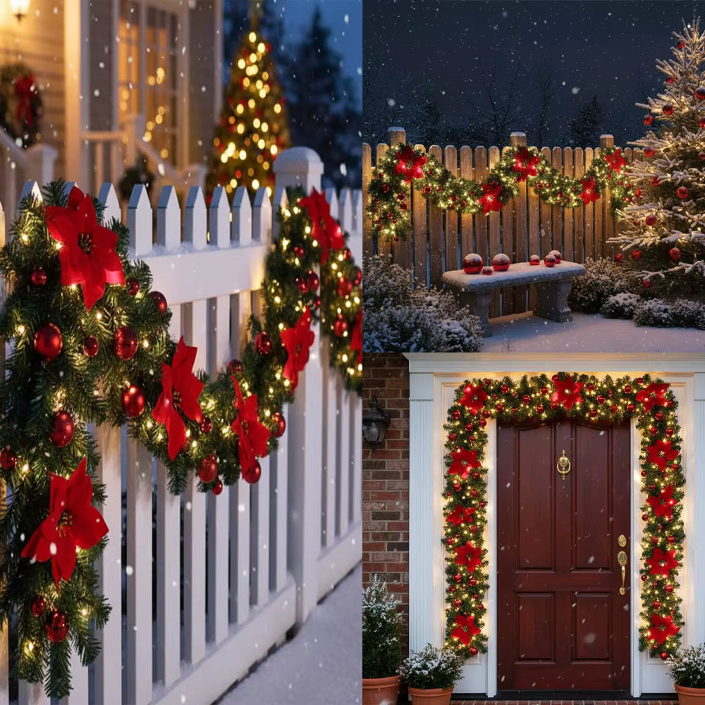 Christmas LED Garland 2.7M – Lighted Artificial Pine with Flowers and Ornaments