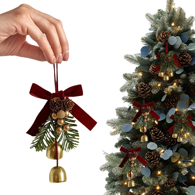 Christmas Jingle Bell Hanger with Velvet Bow and Pine Cones