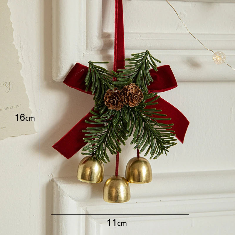 Christmas Jingle Bell Hanger with Velvet Bow and Pine Cones