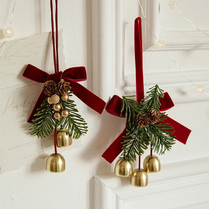Christmas Jingle Bell Hanger with Velvet Bow and Pine Cones