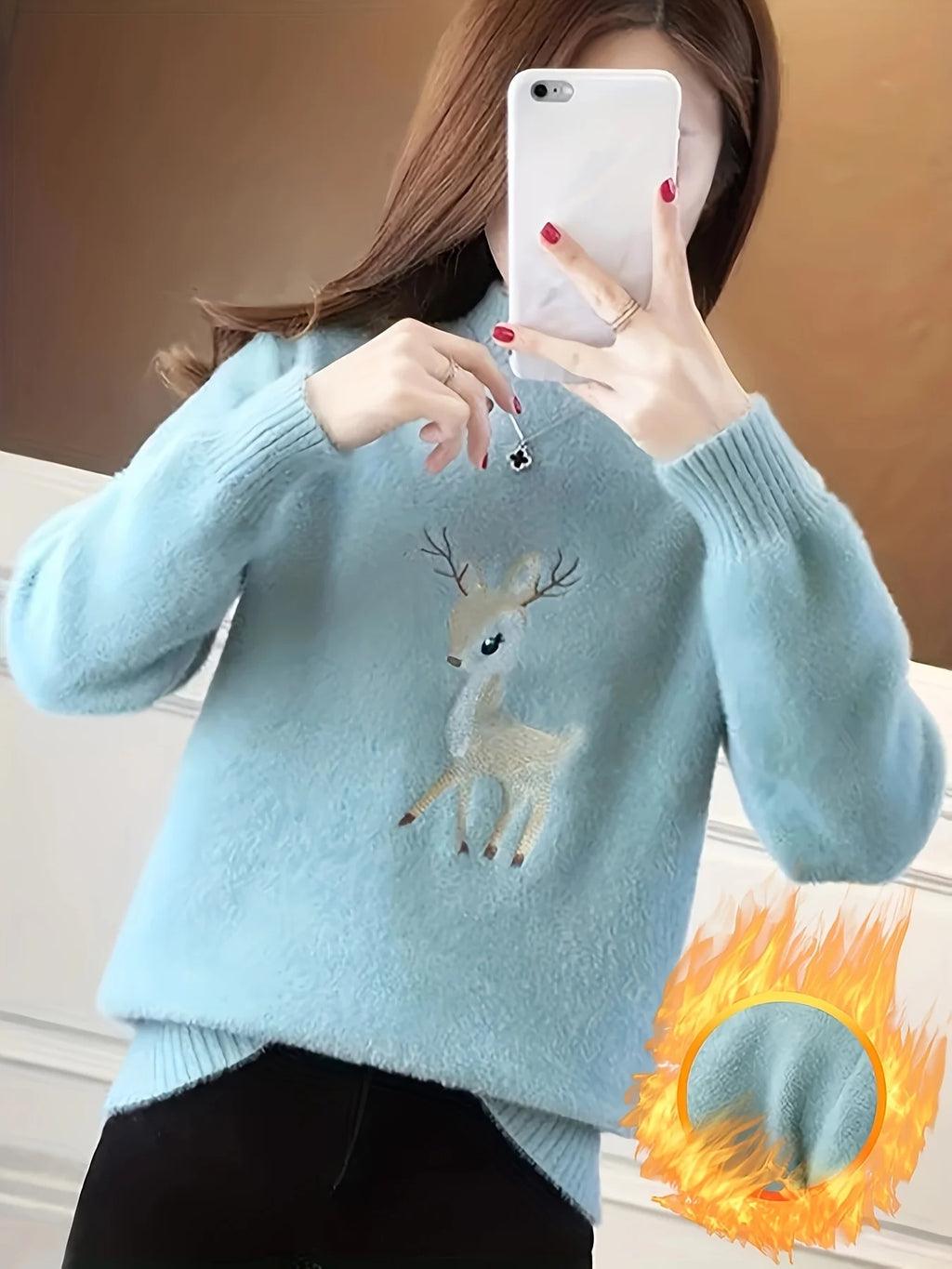 Deer Pattern Mock Turtleneck Sweater – White & Blue Winter Knit