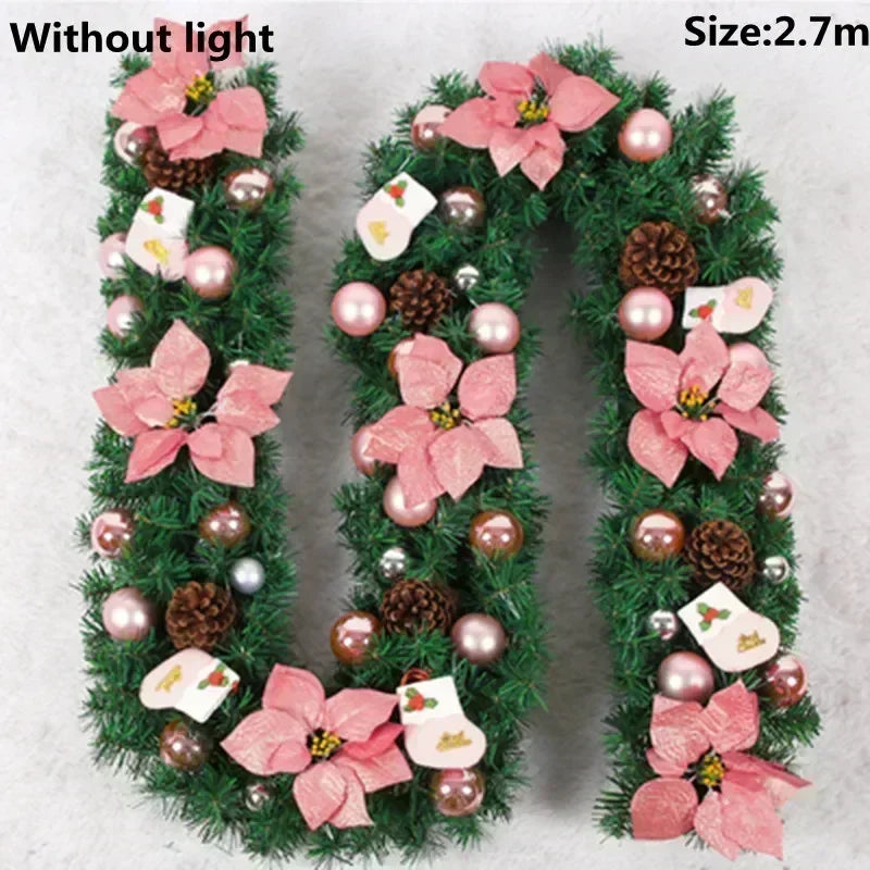 Christmas LED Garland 2.7M – Lighted Artificial Pine with Flowers and Ornaments