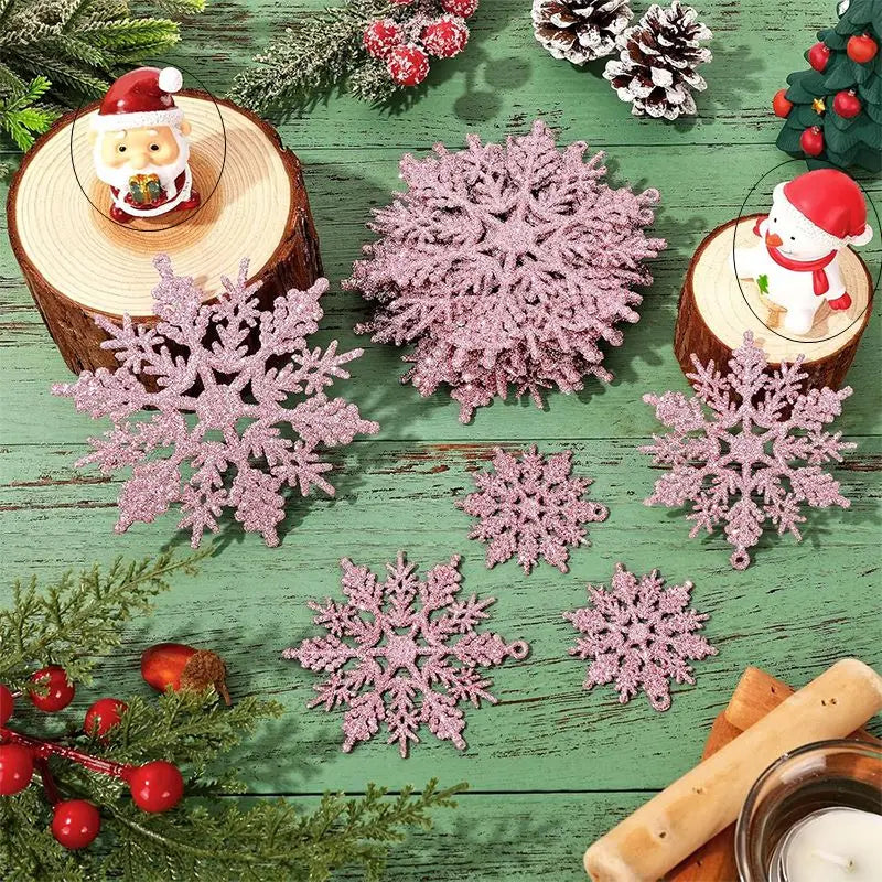 Glitter Snowflake Ornaments – Pink Christmas Tree Decorations (6/12/24 Pcs)