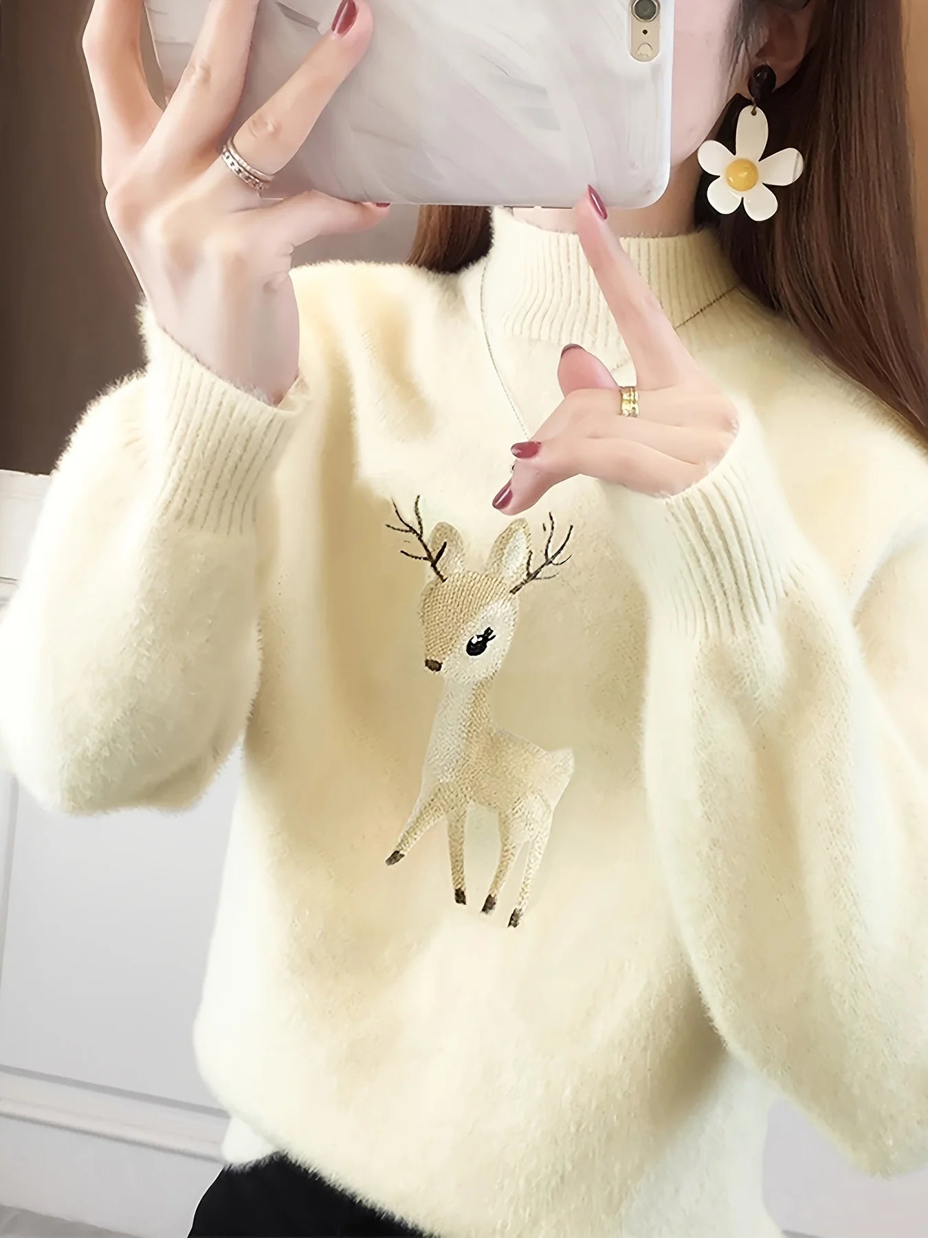 Deer Pattern Mock Turtleneck Sweater – White & Blue Winter Knit