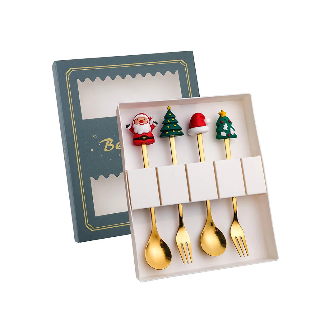 Christmas Spoon & Fork Set – 4PCS Stainless Steel Holiday Cutlery