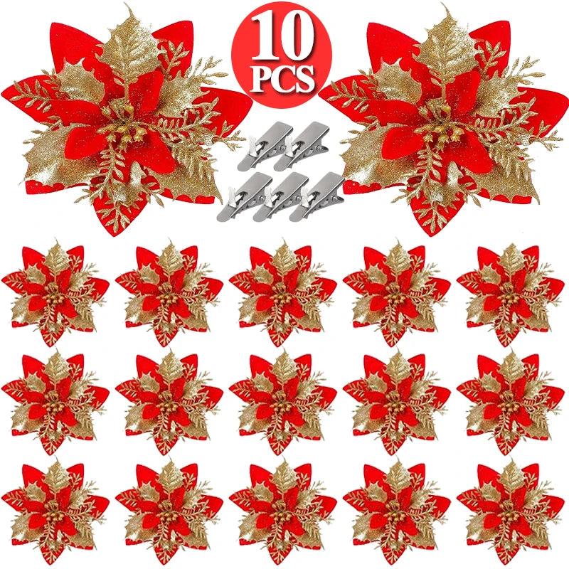Christmas Glitter Poinsettia Clip – Red & Gold Sparkling Flower Ornament ✨🌺🎄
