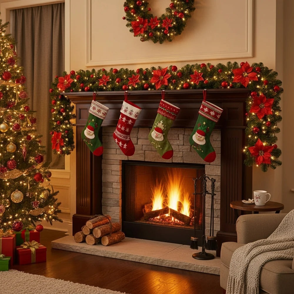 Christmas LED Garland 2.7M – Lighted Artificial Pine with Flowers and Ornaments