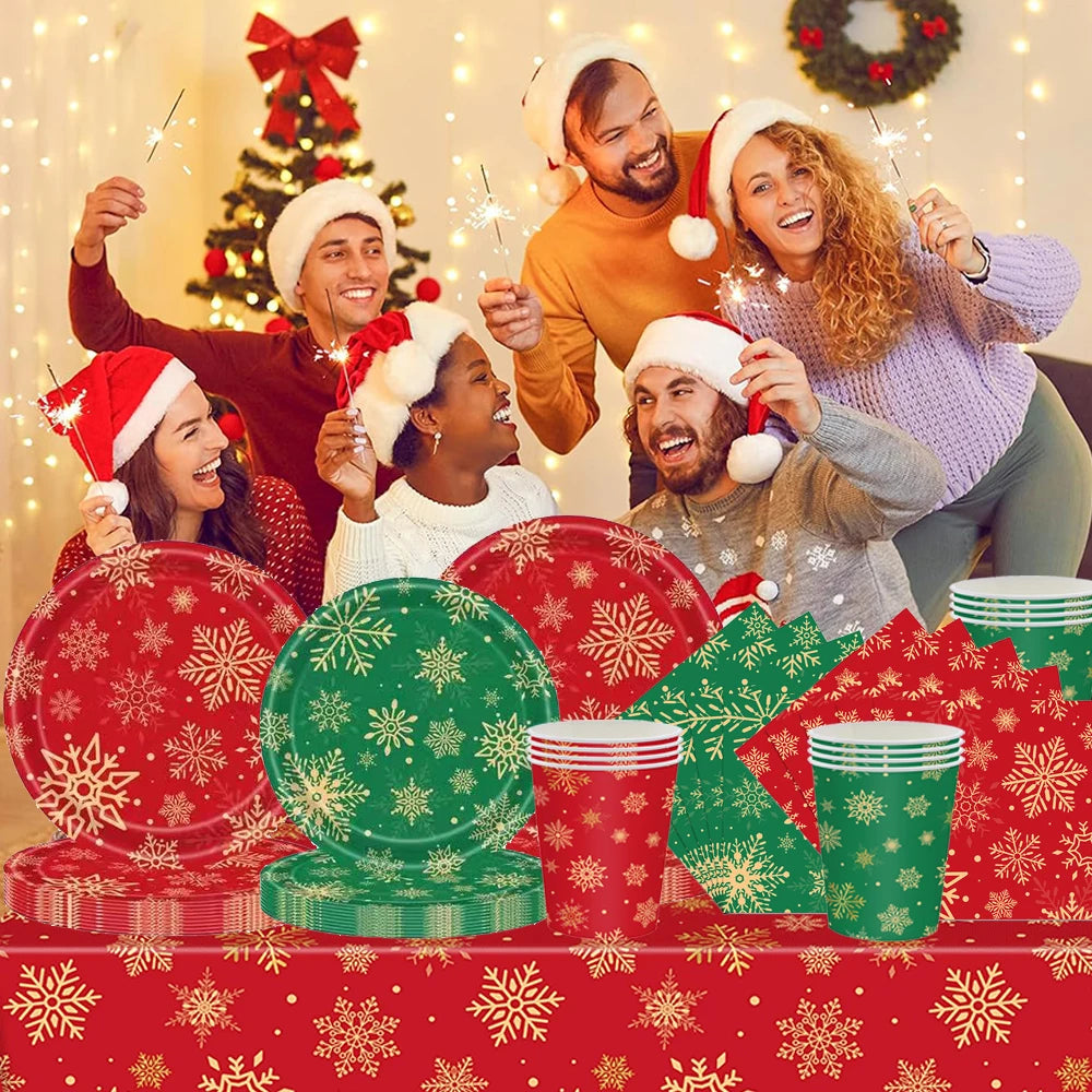 Christmas Disposable Tableware Set – Snowflake Plates, Cups & Napkins (Red & Green) 🎄❄️✨
