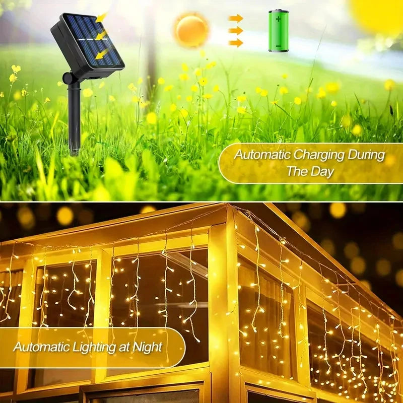 Solar Christmas Icicle Lights – 96 / 162 LEDs Waterproof Outdoor Curtain Lights