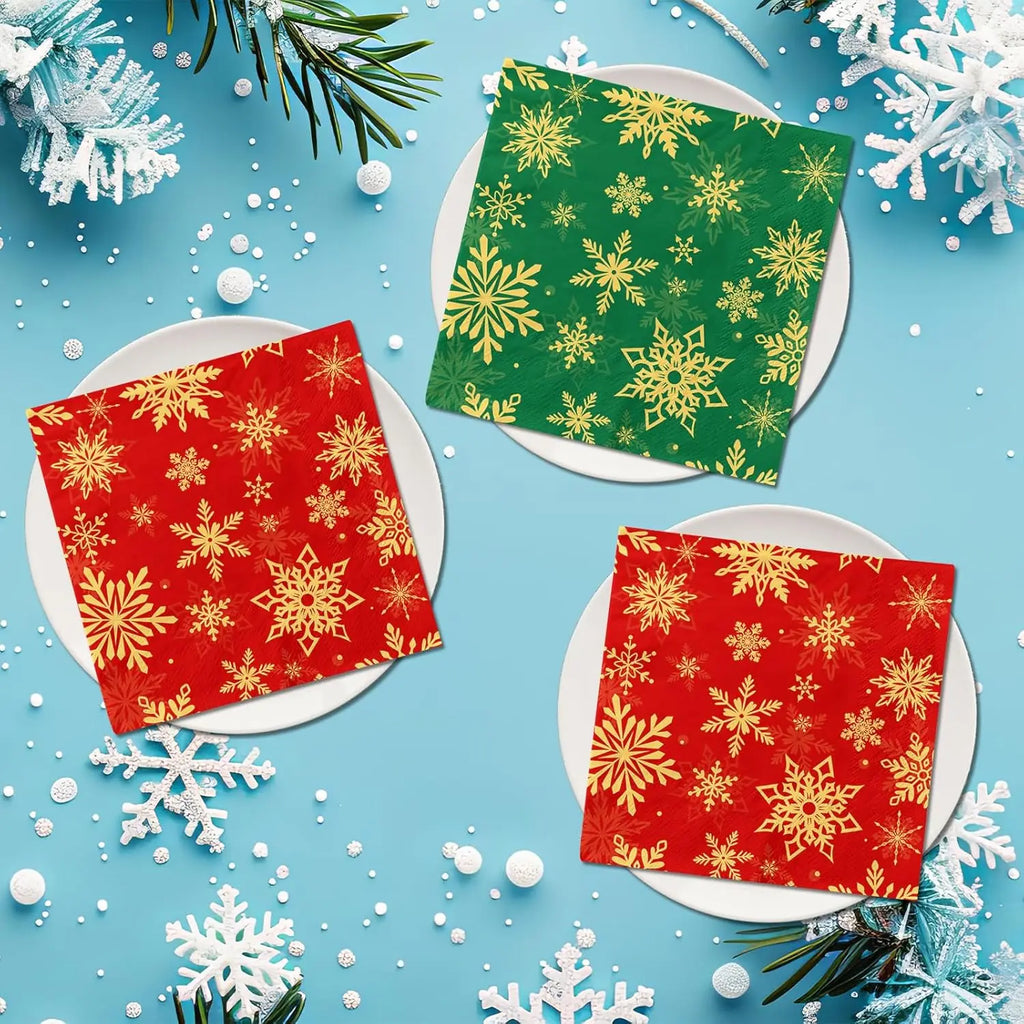 Christmas Disposable Tableware Set – Snowflake Plates, Cups & Napkins (Red & Green) 🎄❄️✨