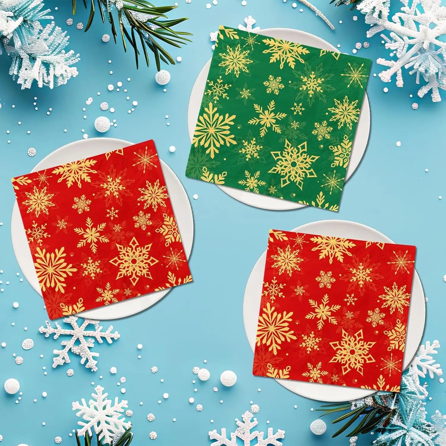 Christmas Disposable Tableware Set – Snowflake Plates, Cups & Napkins (Red & Green) 🎄❄️✨
