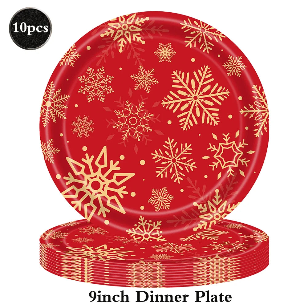 Christmas Disposable Tableware Set – Snowflake Plates, Cups & Napkins (Red & Green) 🎄❄️✨
