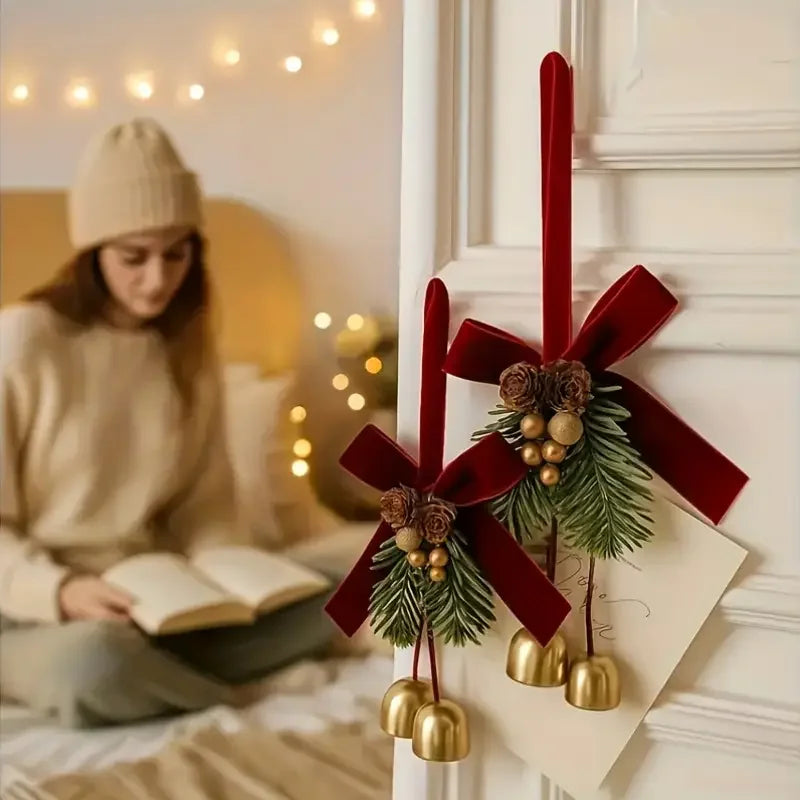Christmas Jingle Bell Hanger with Velvet Bow and Pine Cones