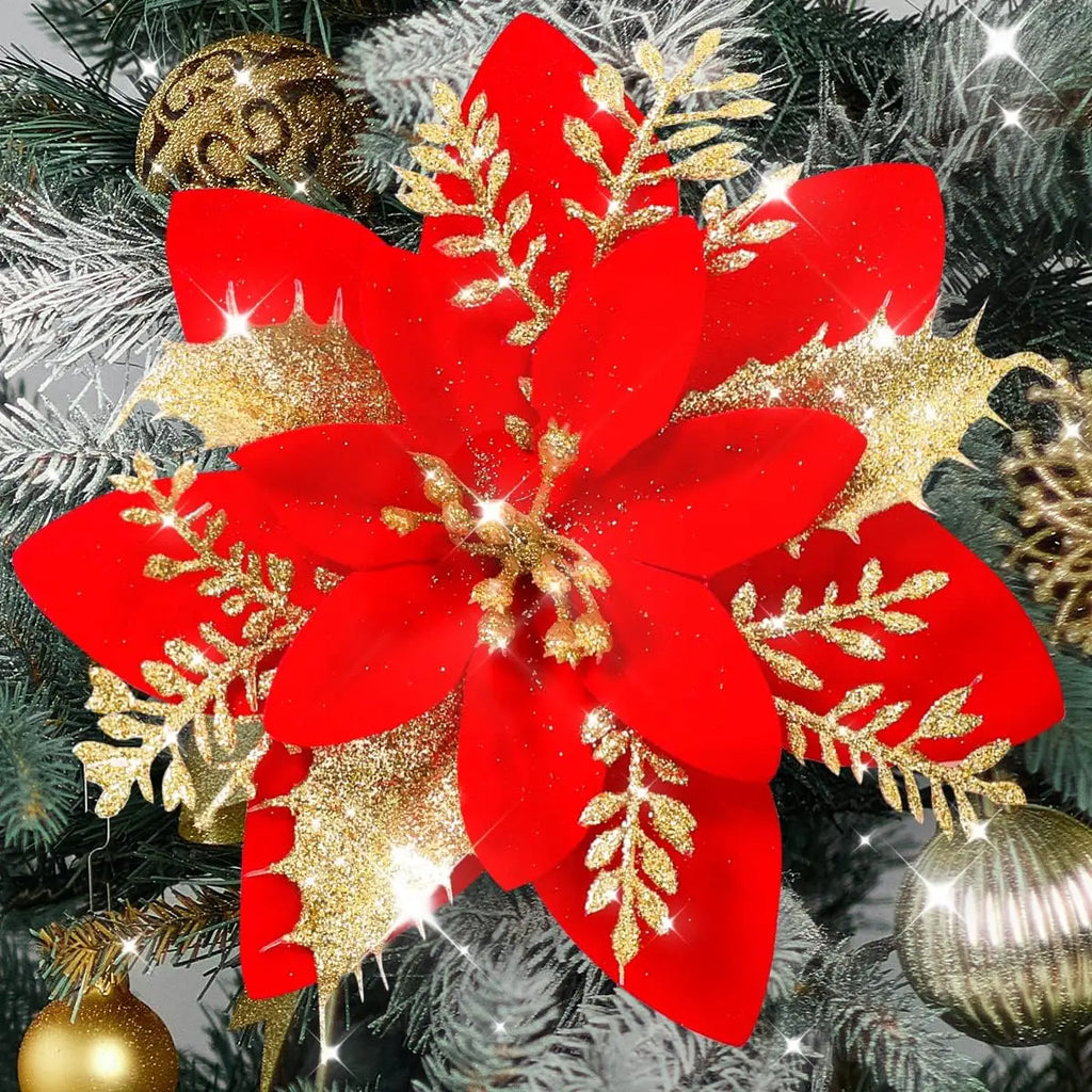 Christmas Glitter Poinsettia Clip – Red & Gold Sparkling Flower Ornament ✨🌺🎄