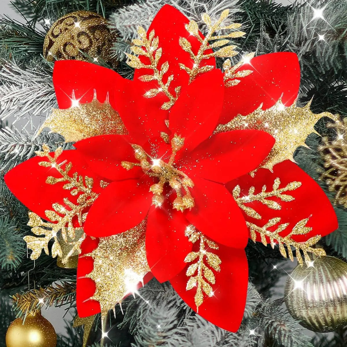 Christmas Glitter Poinsettia Clip – Red & Gold Sparkling Flower Ornament ✨🌺🎄