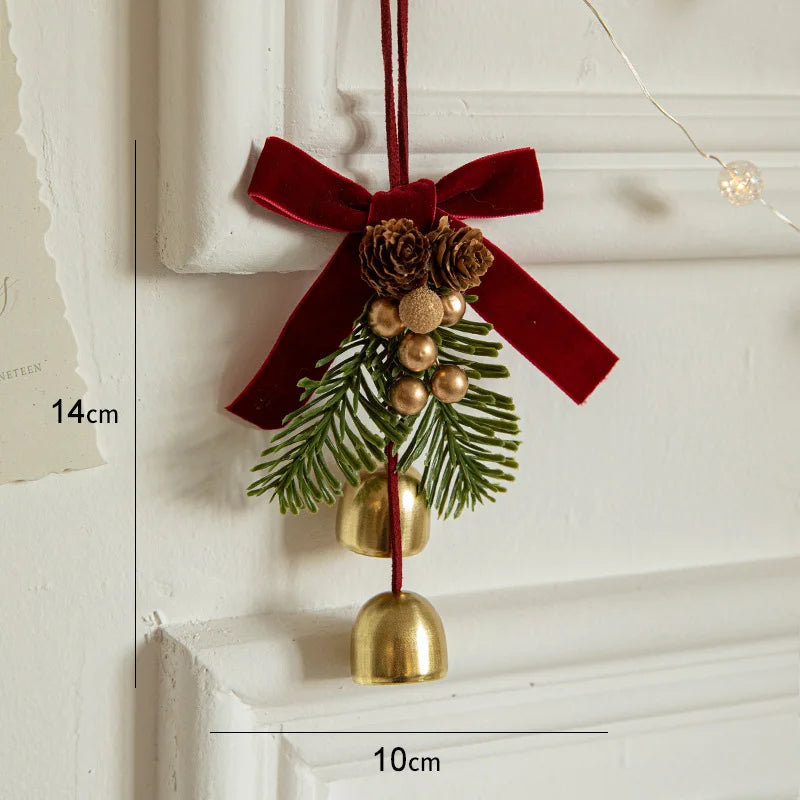 Christmas Jingle Bell Hanger with Velvet Bow and Pine Cones