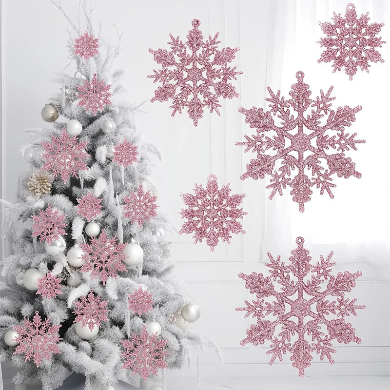 Glitter Snowflake Ornaments – Pink Christmas Tree Decorations (6/12/24 Pcs)