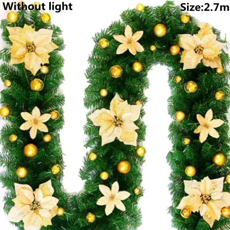 Christmas LED Garland 2.7M – Lighted Artificial Pine with Flowers and Ornaments