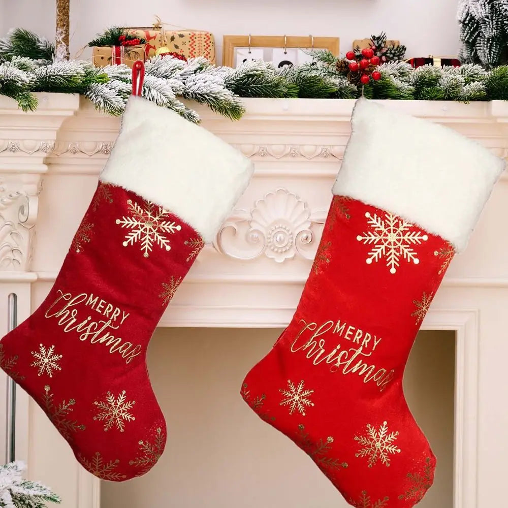 Festive Christmas Stocking – Large Cloth Holiday Gift Sock (Green/Red/Grey) 🎄🎁✨