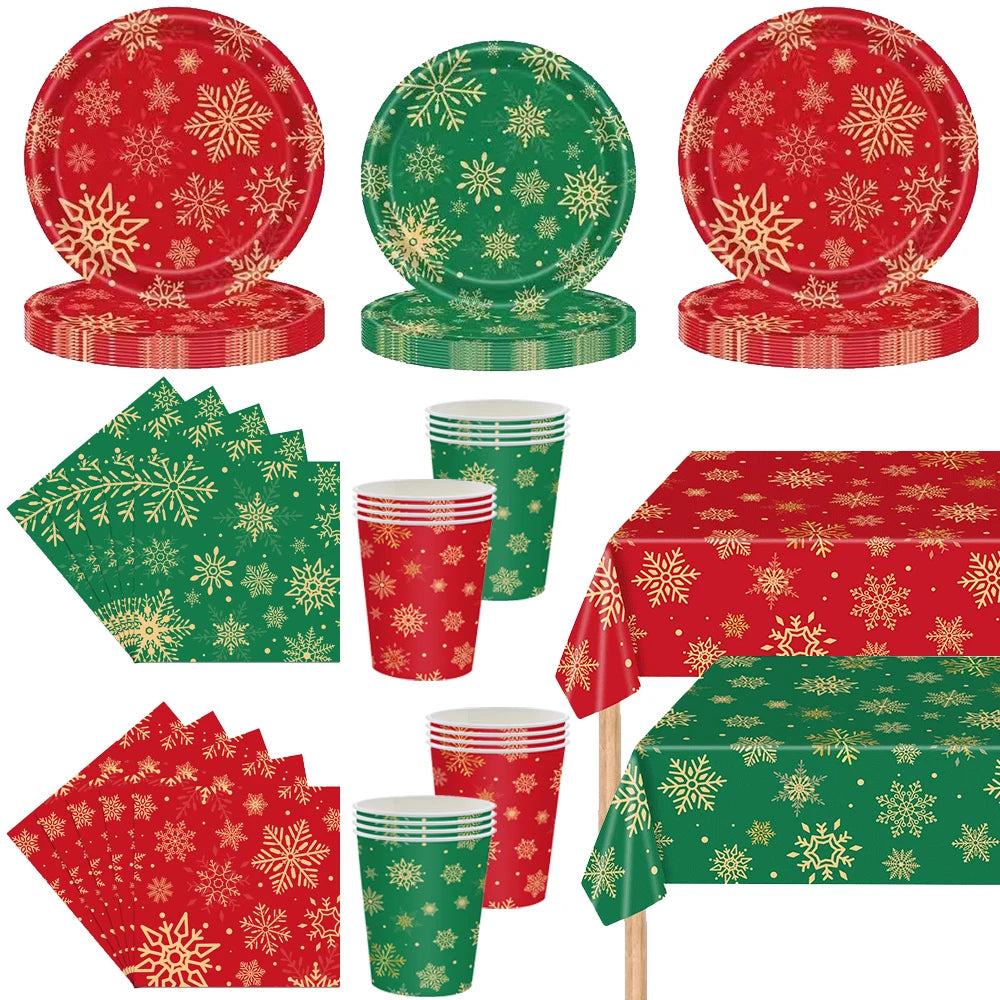 Christmas Disposable Tableware Set – Snowflake Plates, Cups & Napkins (Red & Green) 🎄❄️✨