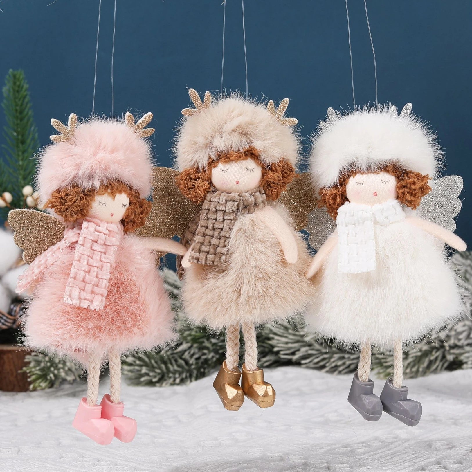 Christmas Plush Angel Ornaments – With Antlers, Heart, or Scarf