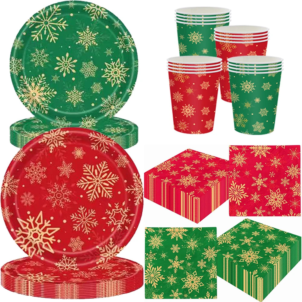 Christmas Disposable Tableware Set – Snowflake Plates, Cups & Napkins (Red & Green) 🎄❄️✨