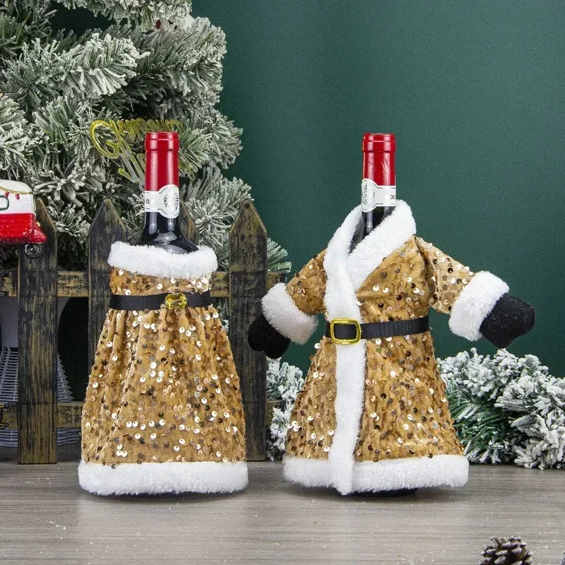 Sparkling Christmas Wine Bottle Covers – Red & Gold Dress Design (1/2/3/4 PCS) 🎄🍷✨