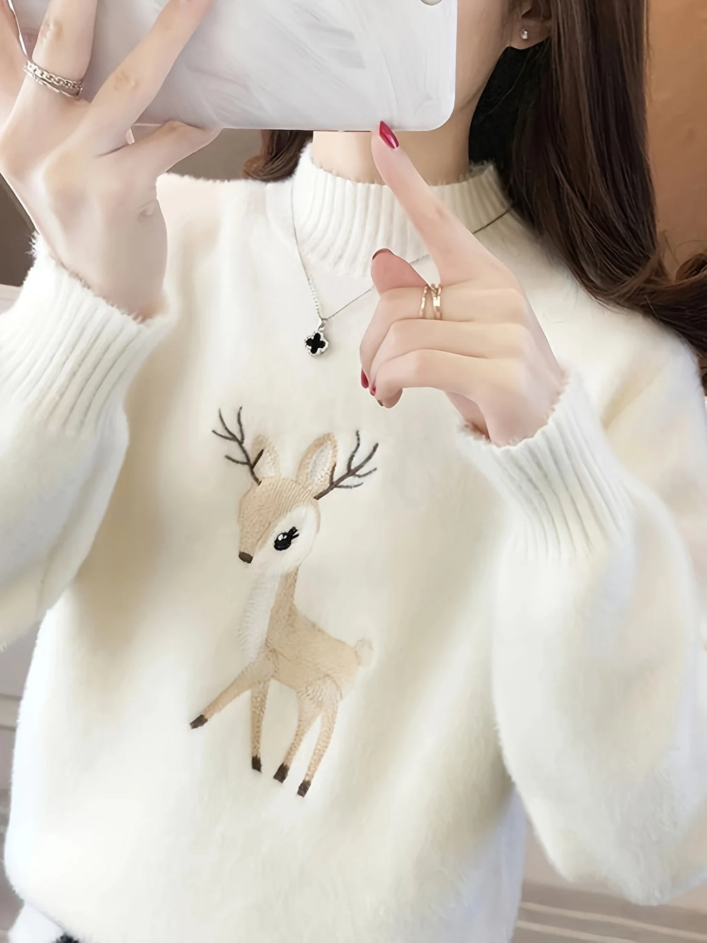 Deer Pattern Mock Turtleneck Sweater – White & Blue Winter Knit