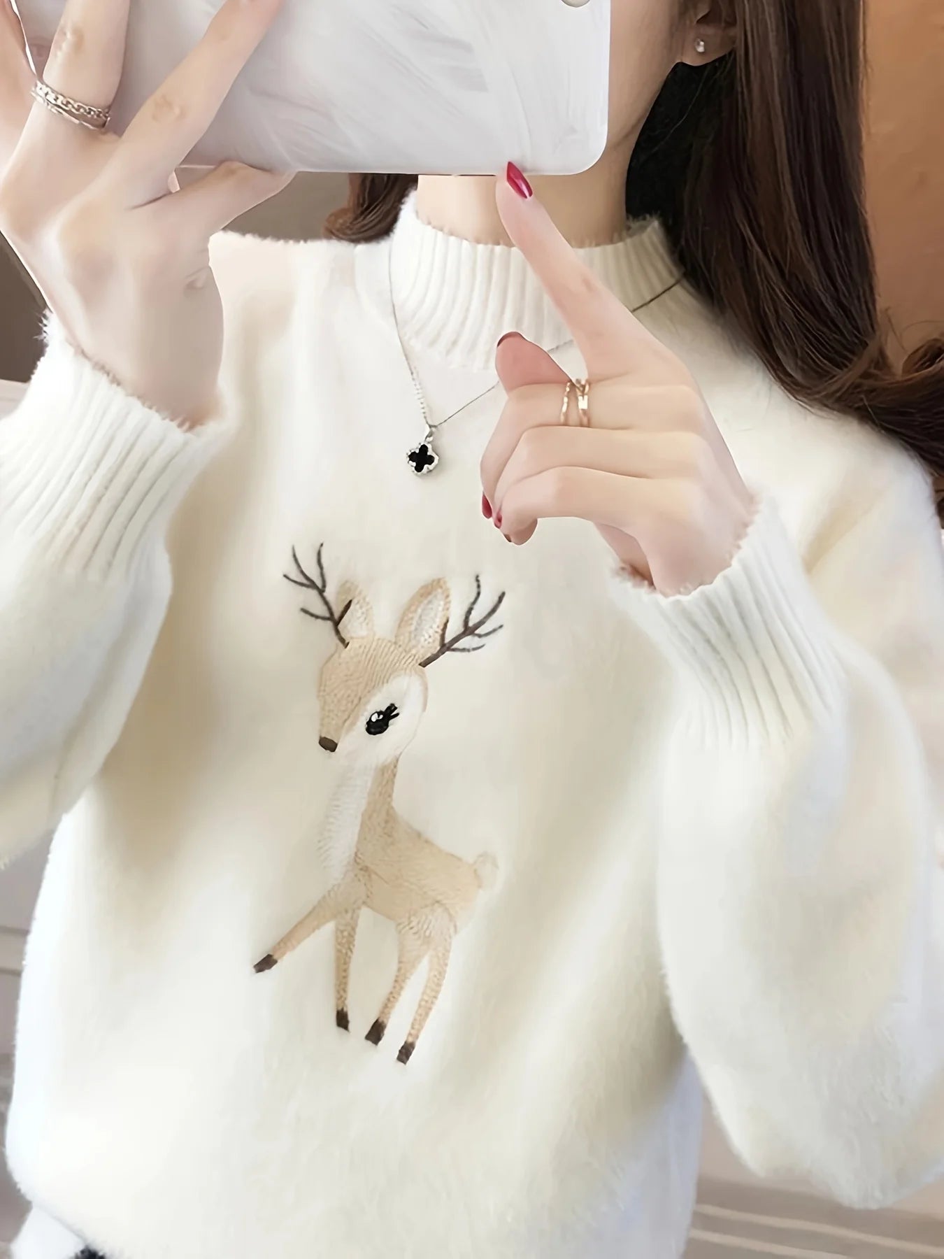Deer Pattern Mock Turtleneck Sweater – White & Blue Winter Knit