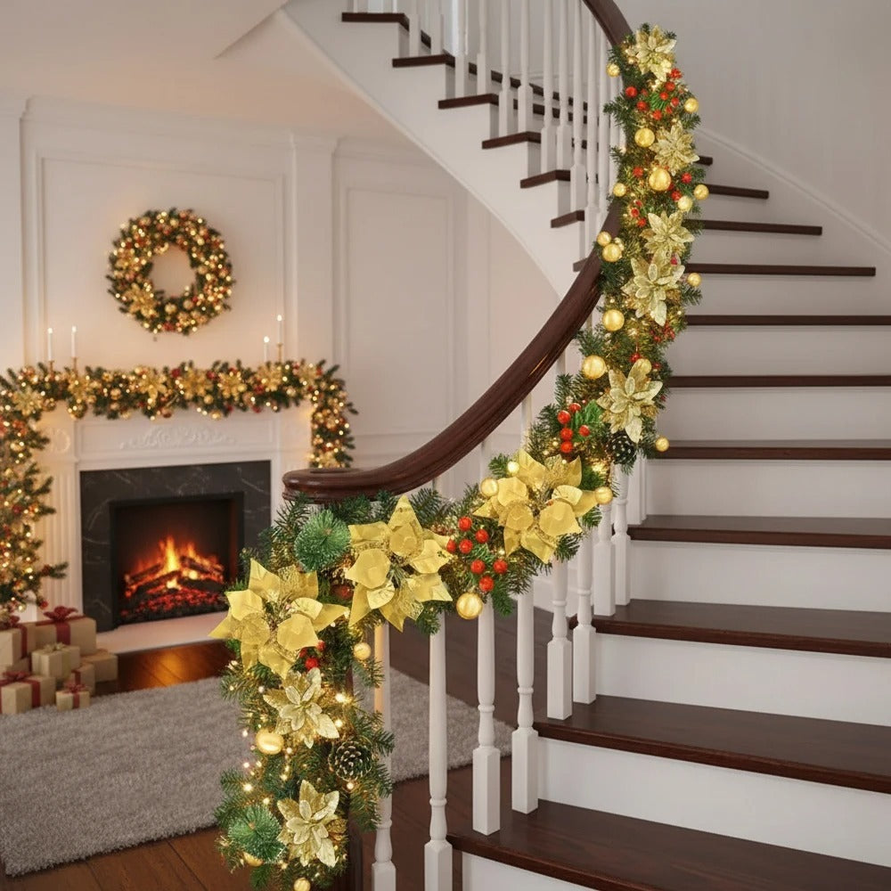 Christmas LED Garland 2.7M – Lighted Artificial Pine with Flowers and Ornaments