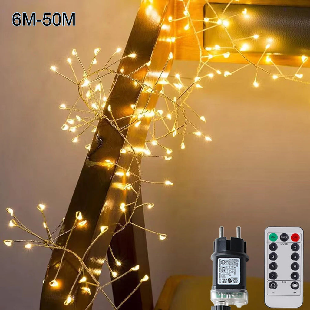 Cluster Firecracker LED String Lights with Remote – Warm White (6M–50M, EU Plug)