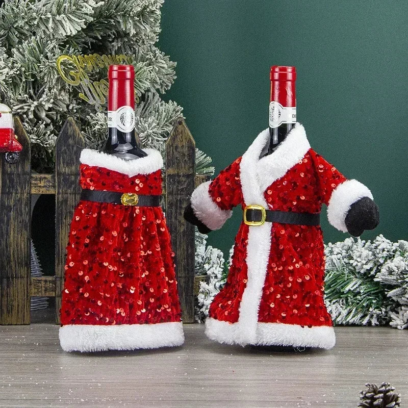 Sparkling Christmas Wine Bottle Covers – Red & Gold Dress Design (1/2/3/4 PCS) 🎄🍷✨