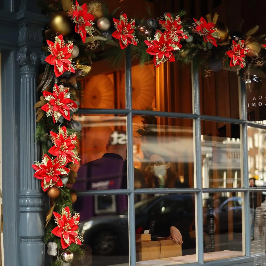 Christmas Glitter Poinsettia Clip – Red & Gold Sparkling Flower Ornament ✨🌺🎄