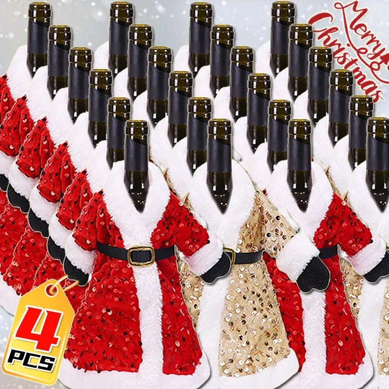 Sparkling Christmas Wine Bottle Covers – Red & Gold Dress Design (1/2/3/4 PCS) 🎄🍷✨