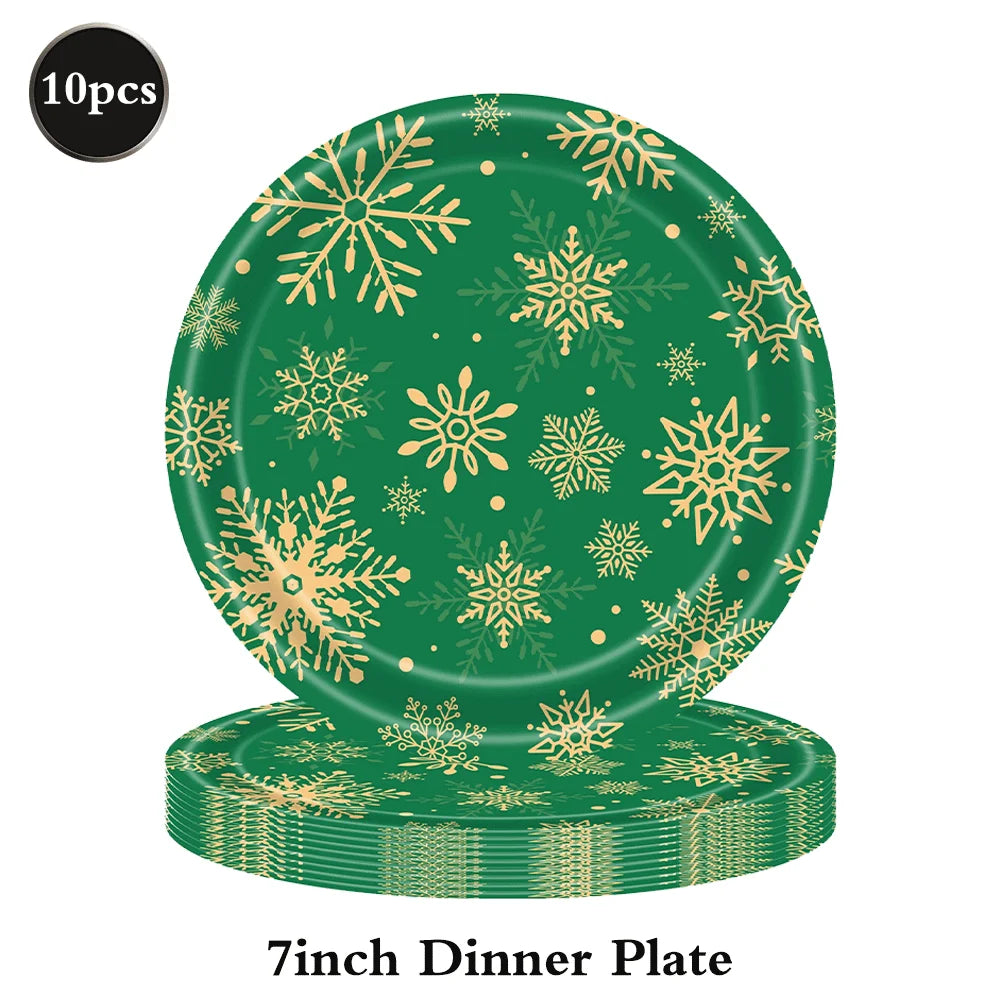 Christmas Disposable Tableware Set – Snowflake Plates, Cups & Napkins (Red & Green) 🎄❄️✨