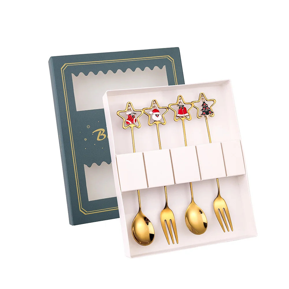 Christmas Spoon & Fork Set – 4PCS Stainless Steel Holiday Cutlery
