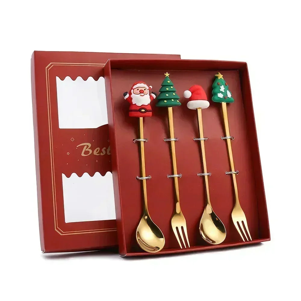 Christmas Spoon & Fork Set – 4PCS Stainless Steel Holiday Cutlery