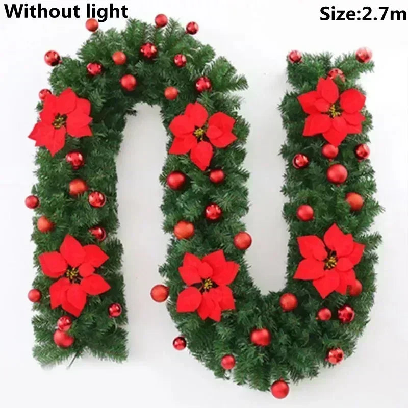 Christmas LED Garland 2.7M – Lighted Artificial Pine with Flowers and Ornaments