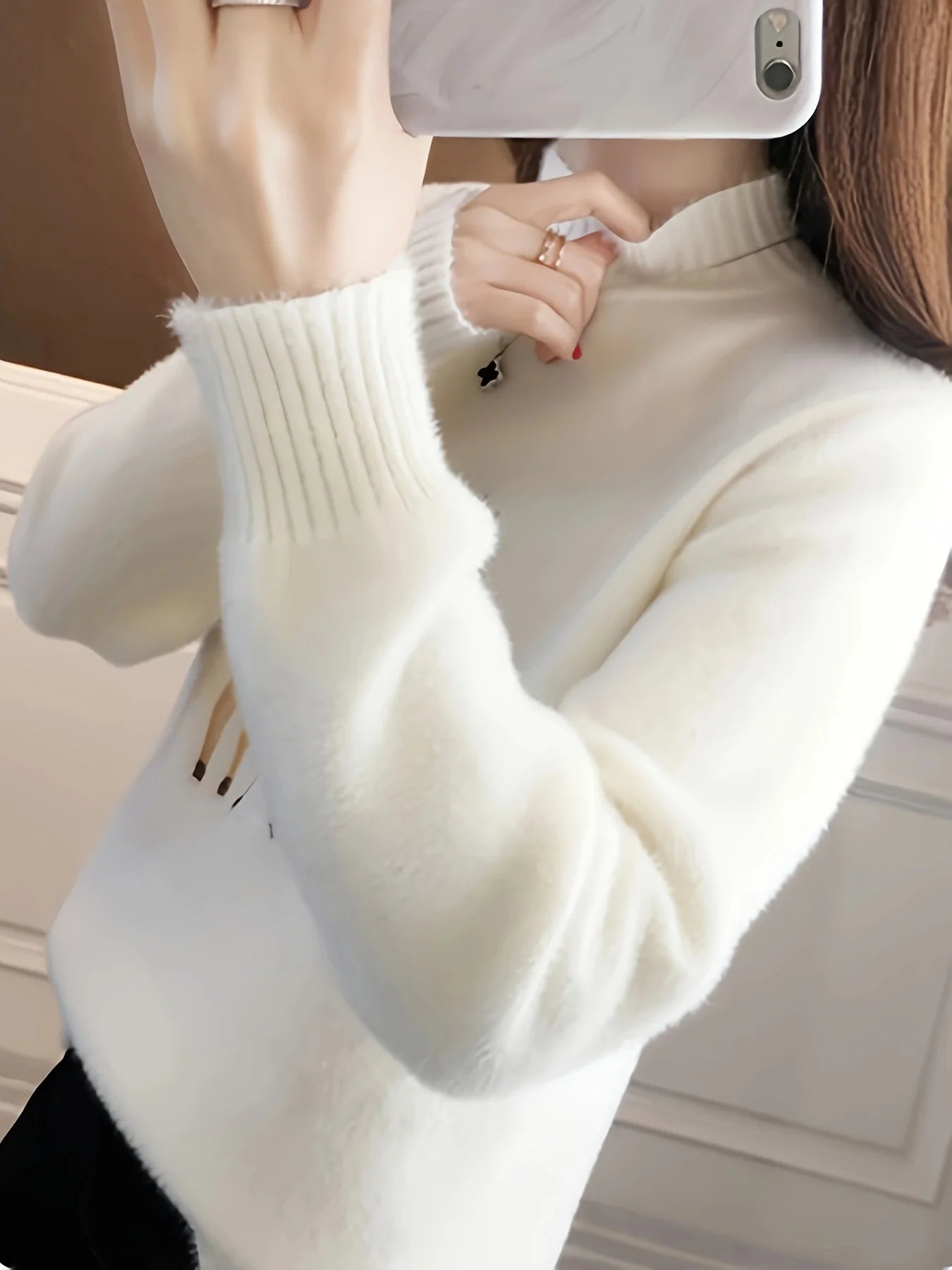 Deer Pattern Mock Turtleneck Sweater – White & Blue Winter Knit