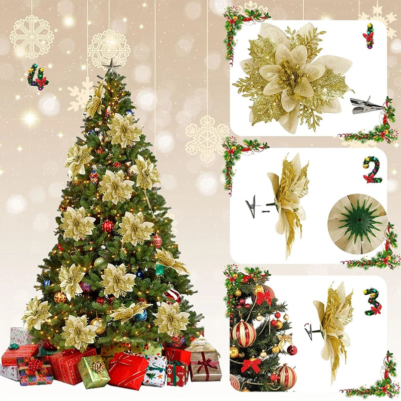 Christmas Glitter Poinsettia Clip – Red & Gold Sparkling Flower Ornament ✨🌺🎄