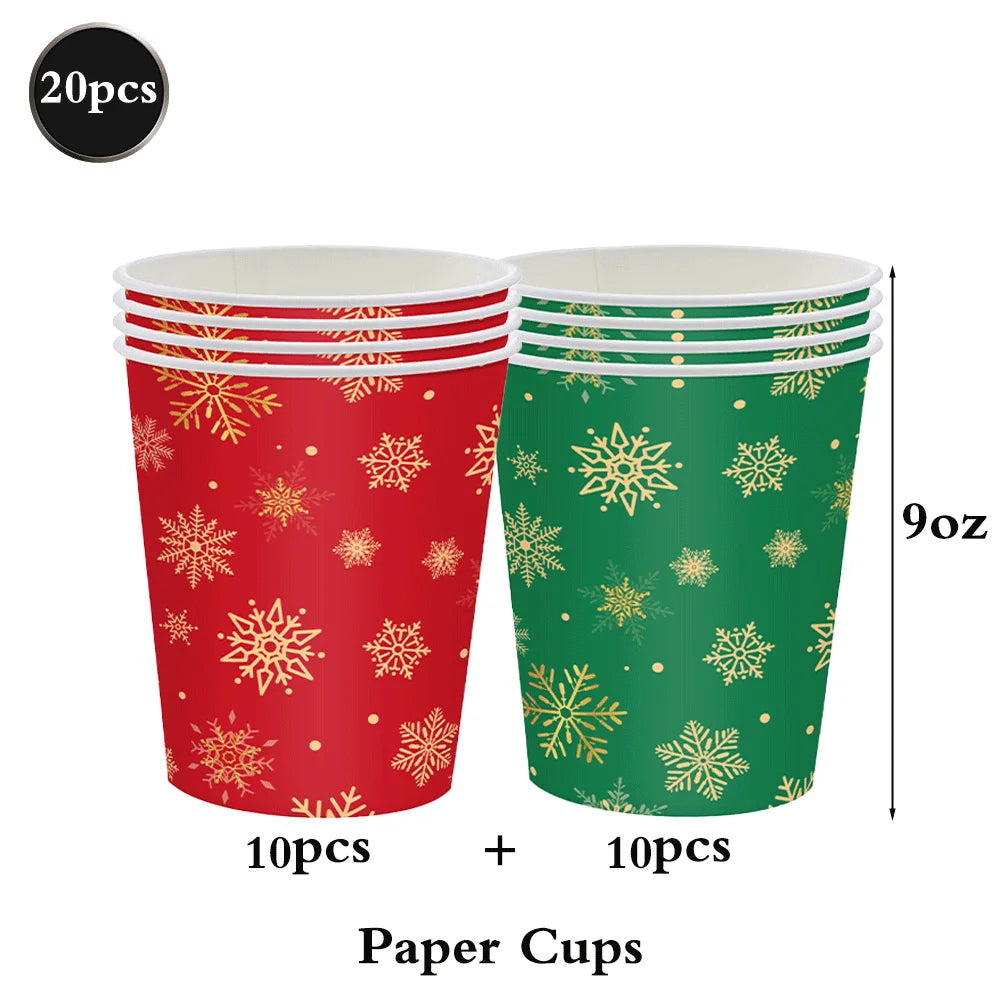 Christmas Disposable Tableware Set – Snowflake Plates, Cups & Napkins (Red & Green) 🎄❄️✨