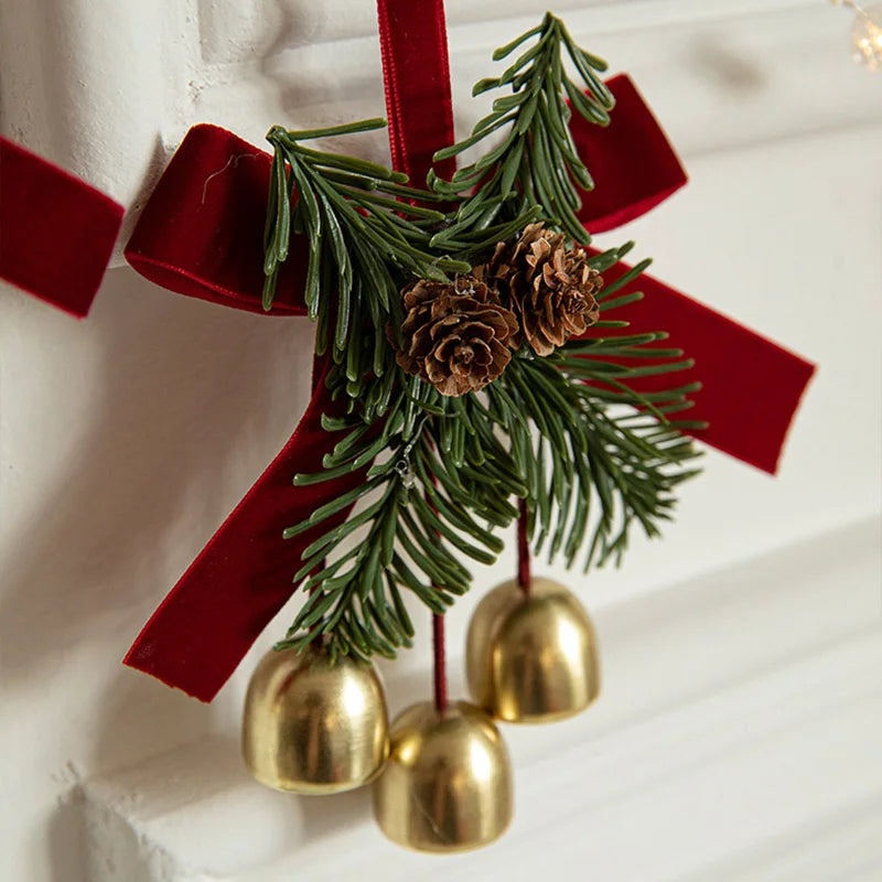 Christmas Jingle Bell Hanger with Velvet Bow and Pine Cones